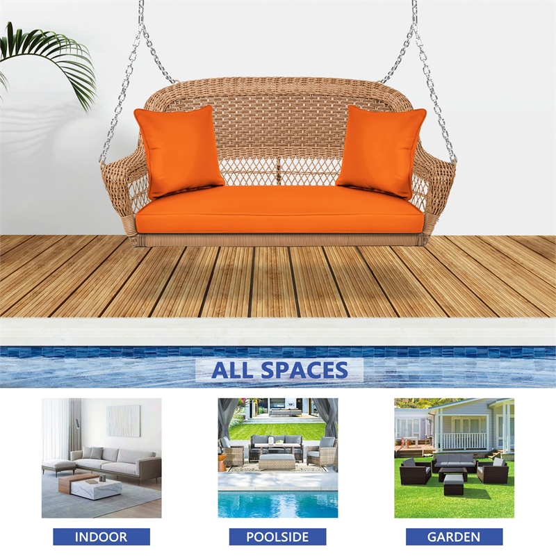 Jeco Honey Resin Wicker Hanging Porch Swing with Cushion in Orange