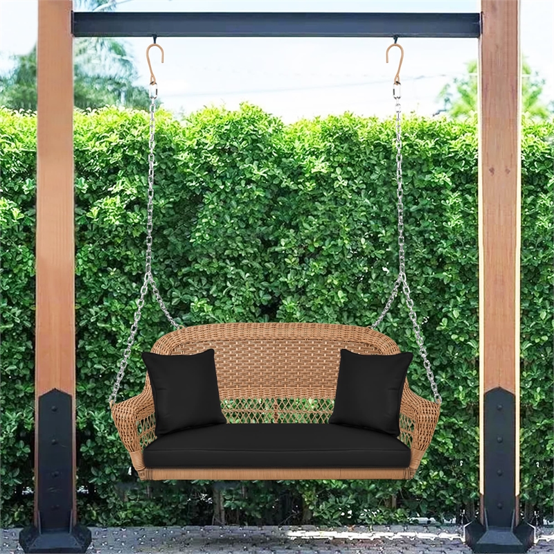 Jeco Honey Resin Wicker Hanging Porch Swing with Cushion in Black