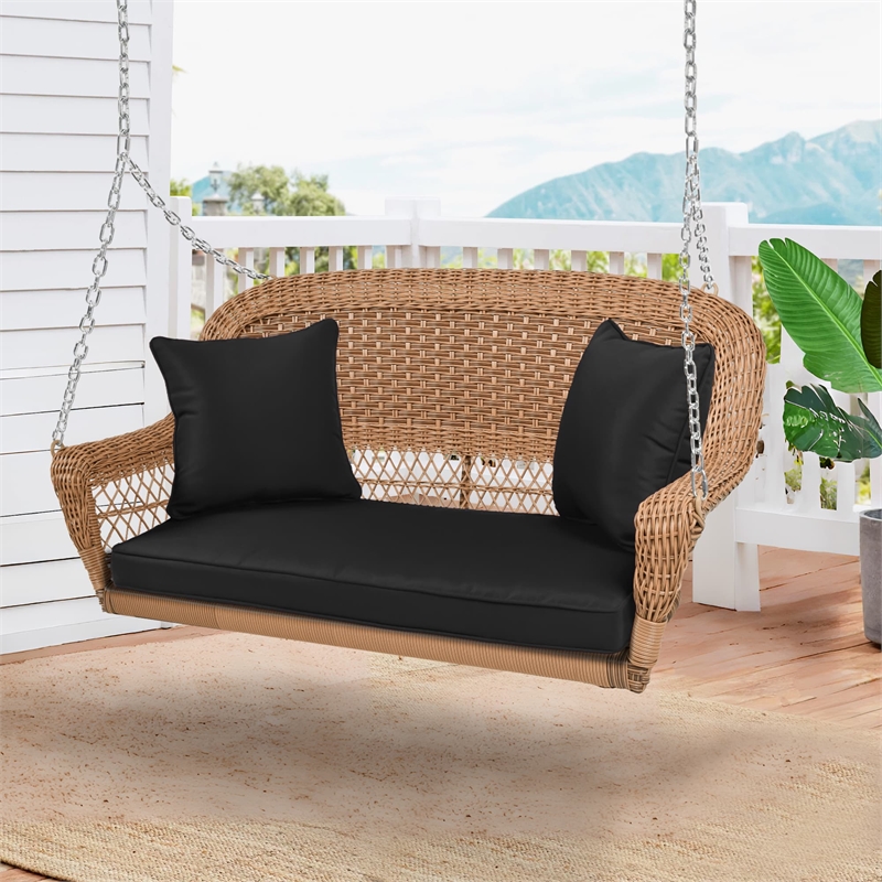 Jeco Honey Resin Wicker Hanging Porch Swing with Cushion in Black