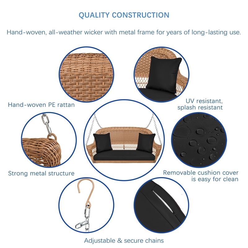 Jeco Honey Resin Wicker Hanging Porch Swing with Cushion in Black