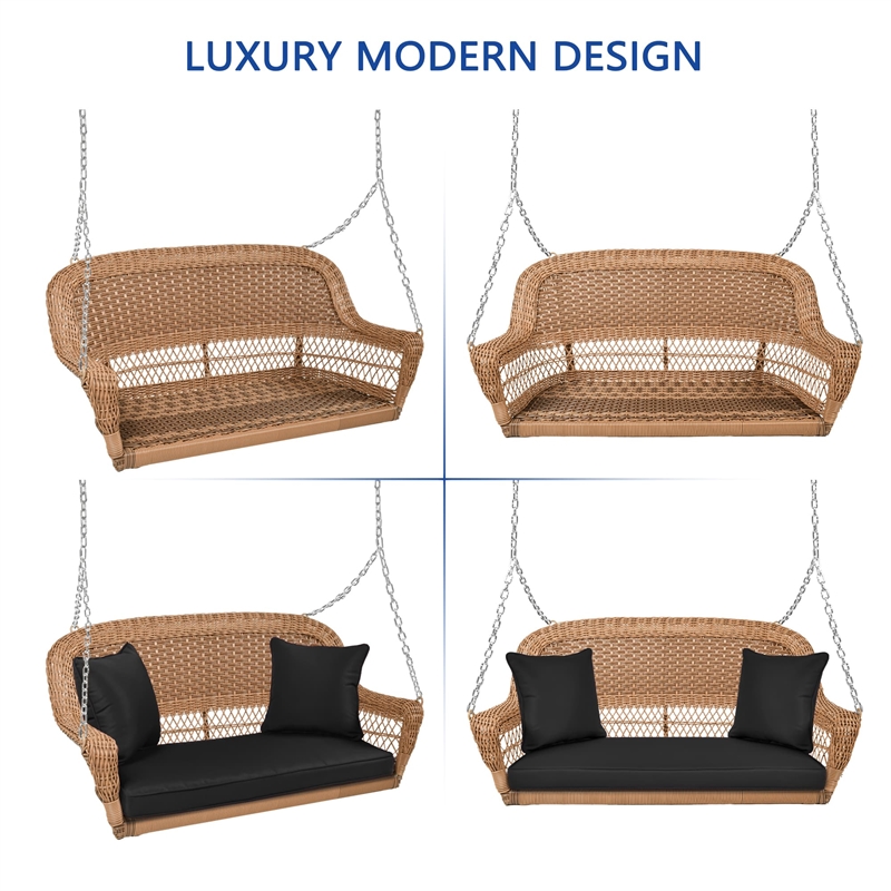 Jeco Honey Resin Wicker Hanging Porch Swing with Cushion in Black