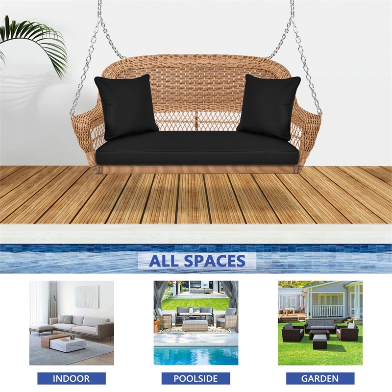 Jeco Honey Resin Wicker Hanging Porch Swing with Cushion in Black