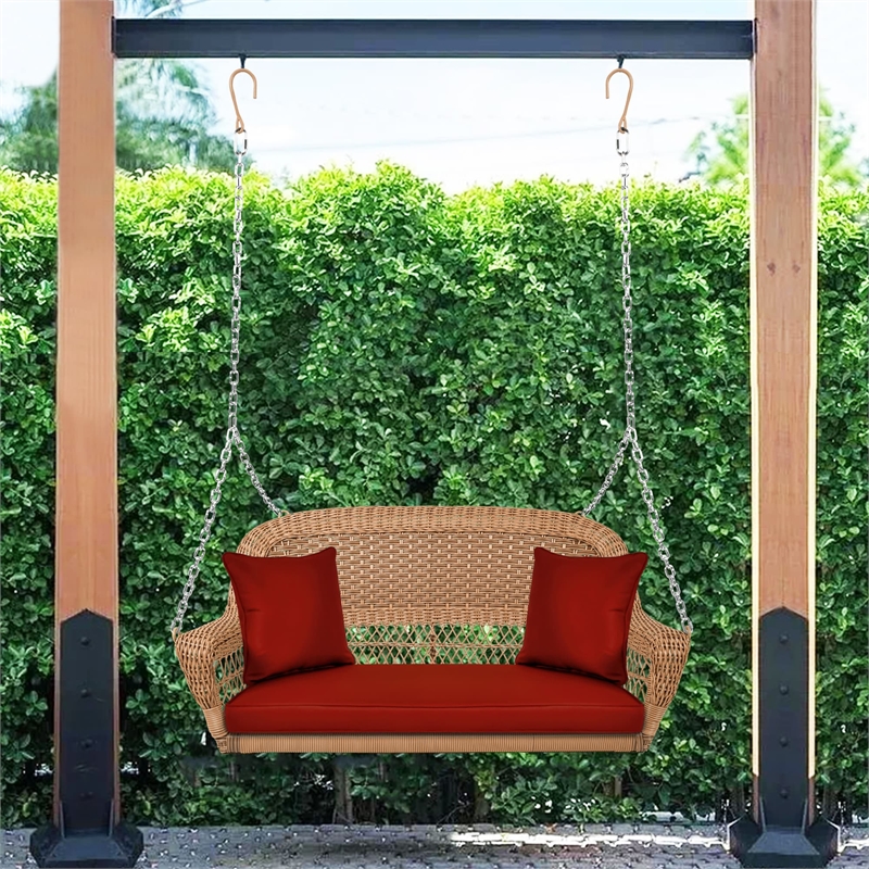 Jeco Honey Resin Wicker Hanging Porch Swing with Cushion in Red