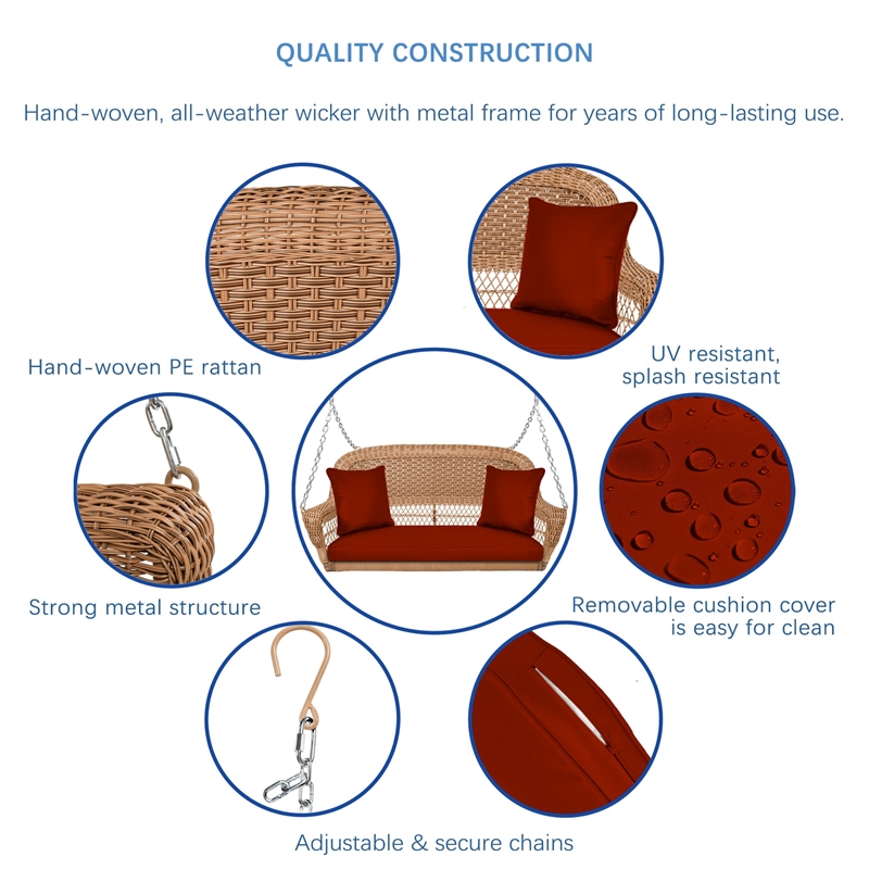 Jeco Honey Resin Wicker Hanging Porch Swing with Cushion in Red