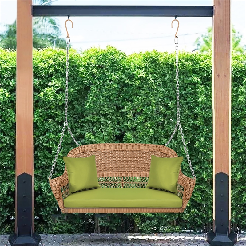 Jeco Honey Resin Wicker Hanging Porch Swing with Cushion in Green