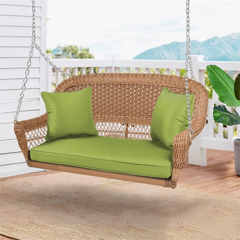 Jeco Honey Resin Wicker Hanging Porch Swing with Cushion in Green
