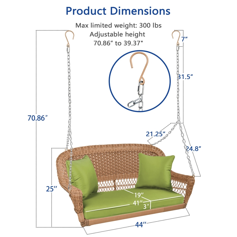 Jeco Honey Resin Wicker Hanging Porch Swing with Cushion in Green