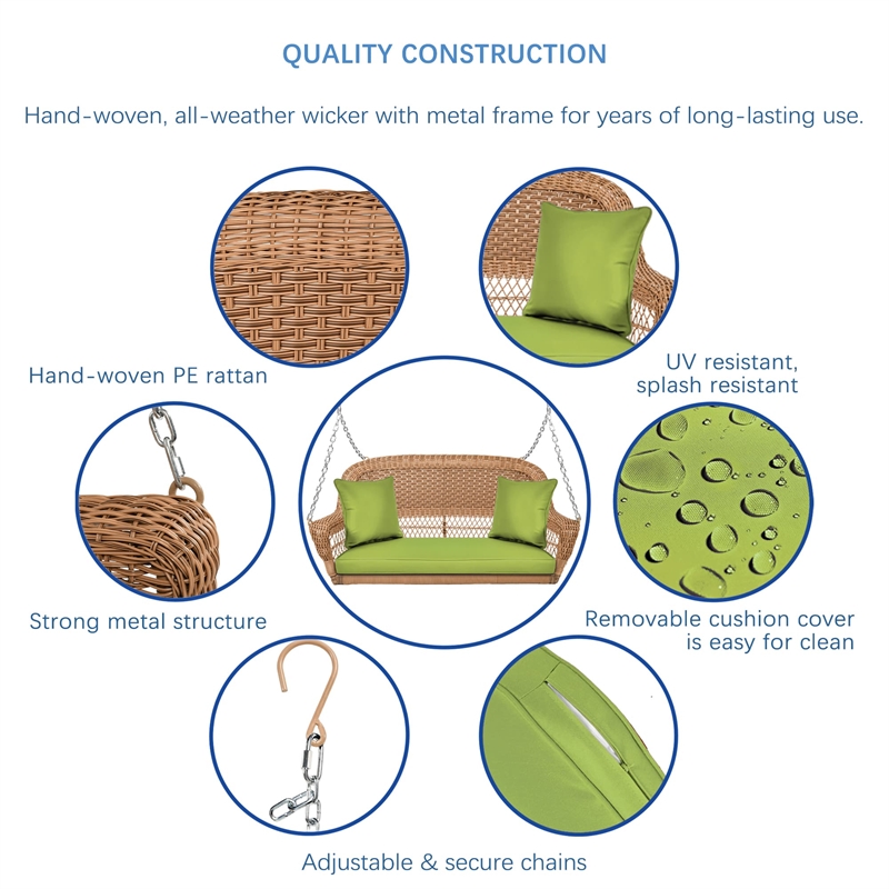 Jeco Honey Resin Wicker Hanging Porch Swing with Cushion in Green