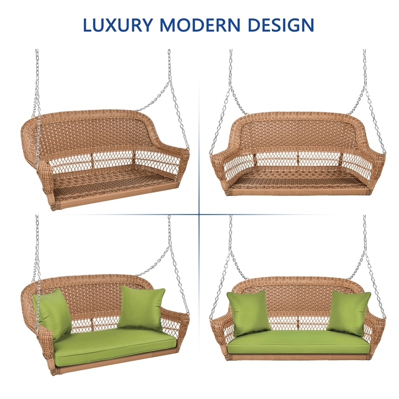 Jeco Honey Resin Wicker Hanging Porch Swing with Cushion in Green