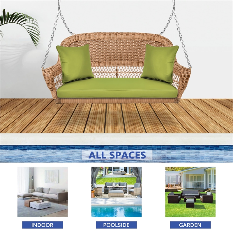 Jeco Honey Resin Wicker Hanging Porch Swing with Cushion in Green