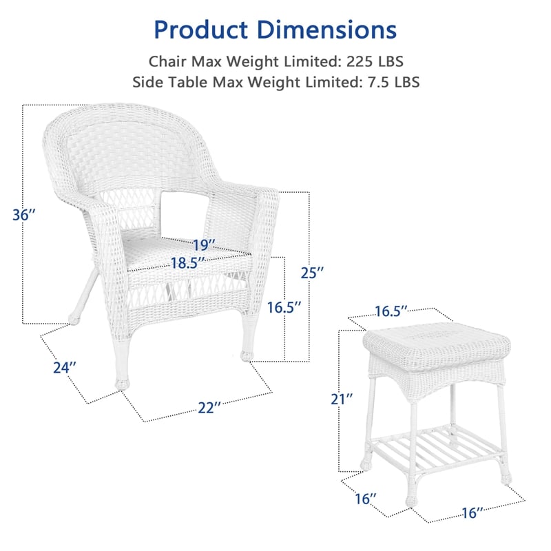 Jeco 3 Piece Wicker Conversation Set in White without Cushion