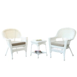 Jeco 3 Piece Wicker Conversation Set in White with Tan Cushions