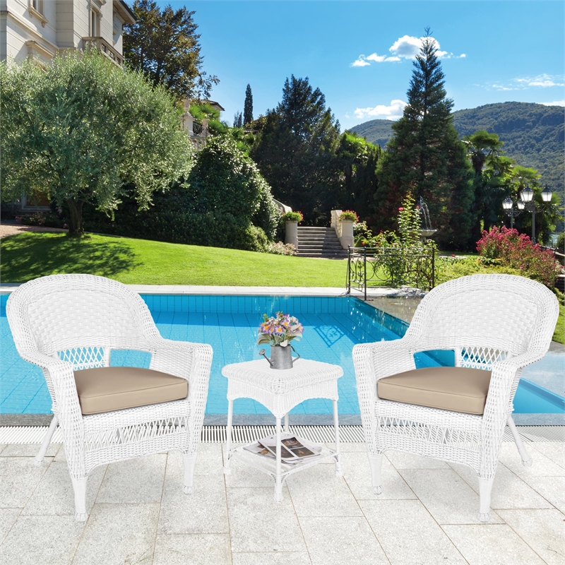 Jeco Piece Wicker Conversation Set in White with Tan Cushions