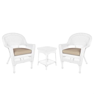 Jeco 3 Piece Wicker Conversation Set in White with Tan Cushions