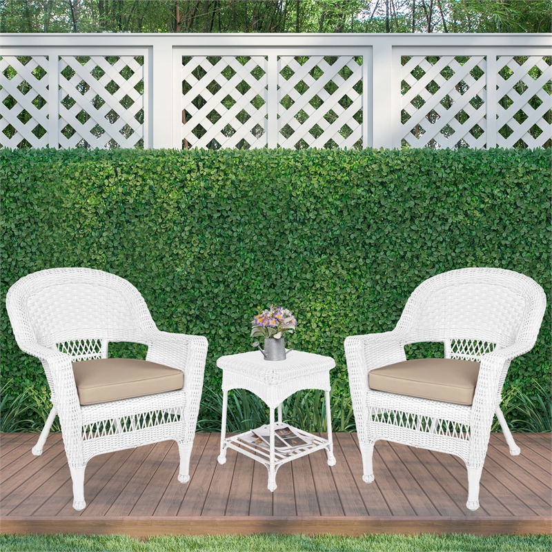 Jeco 3 Piece Wicker Conversation Set in White with Tan Cushions