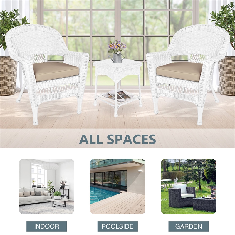 Jeco 3 Piece Wicker Conversation Set in White with Tan Cushions