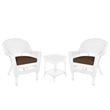 Jeco 3 Piece Wicker Conversation Set in White with Brown Cushions