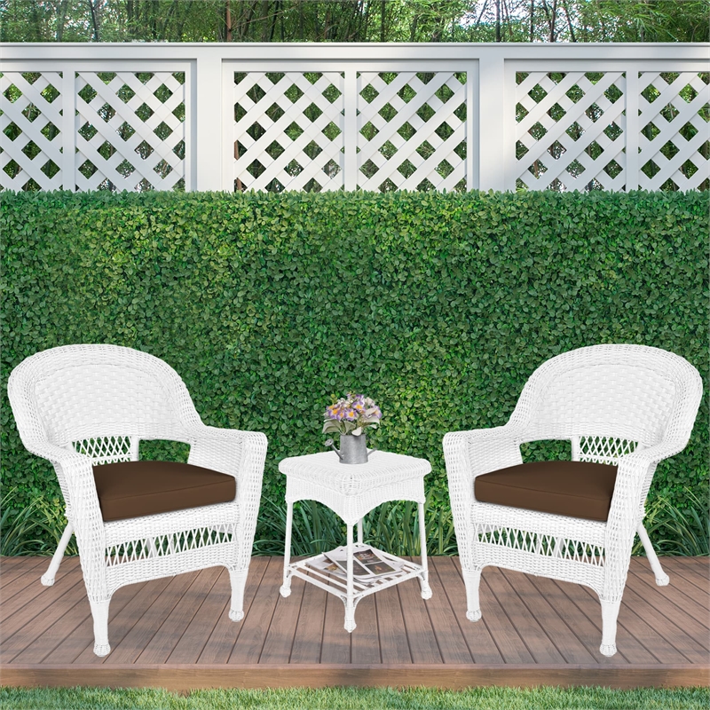 Jeco 3 Piece Wicker Conversation Set in White with Brown Cushions