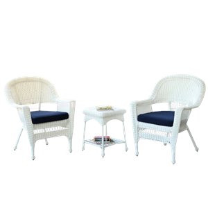 Jeco 3 Piece Wicker Conversation Set in White with Blue Cushions
