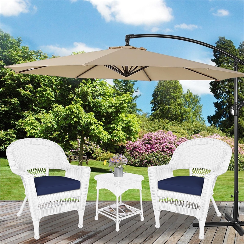 Jeco 3 Piece Wicker Conversation Set in White with Blue Cushions