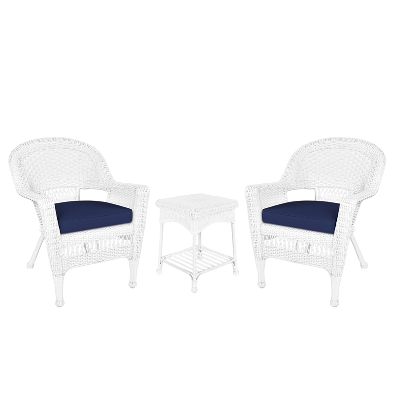 Jeco Piece Wicker Conversation Set in White with Blue Cushions