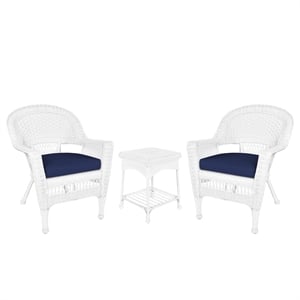 Jeco 3 Piece Wicker Conversation Set in White with Blue Cushions