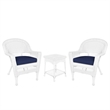 Jeco 3 Piece Wicker Conversation Set in White with Blue Cushions