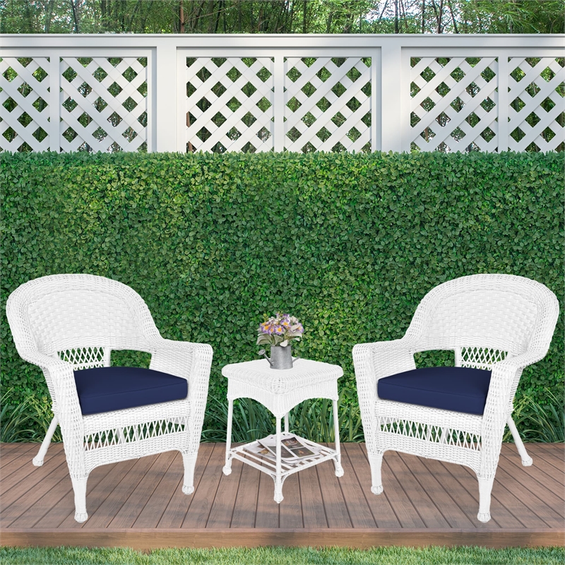 Jeco 3 Piece Wicker Conversation Set in White with Blue Cushions