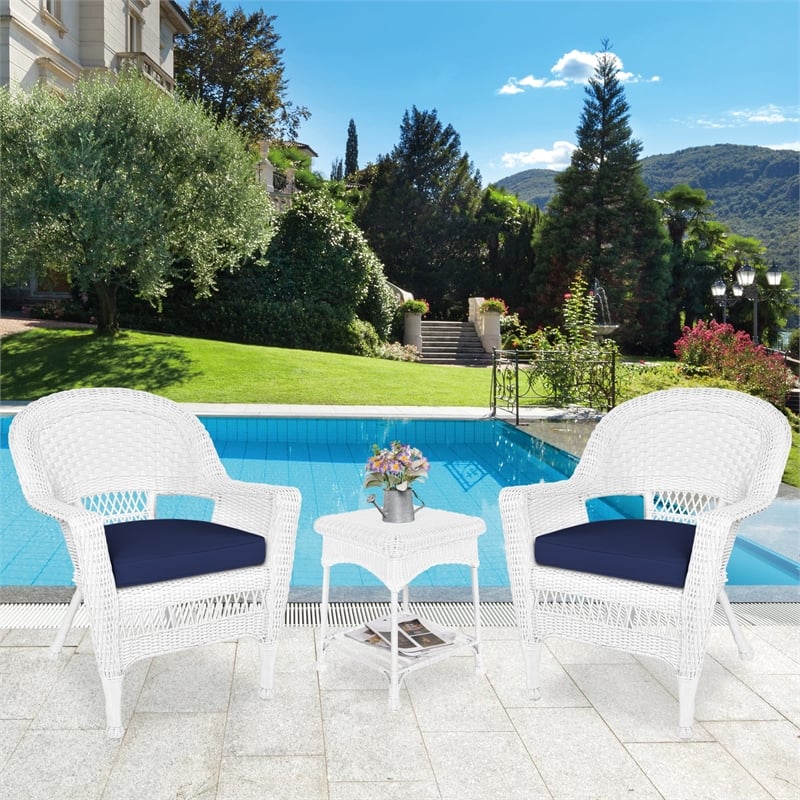 Jeco 3 Piece Wicker Conversation Set in White with Blue Cushions