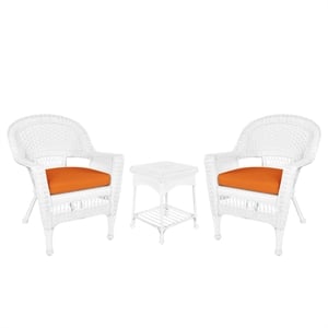 Jeco 3 Piece Wicker Conversation Set in White with Orange Cushions