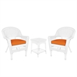 Jeco 3 Piece Wicker Conversation Set in White with Orange Cushions