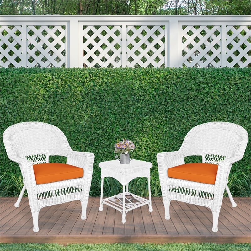 Jeco 3 Piece Wicker Conversation Set in White with Orange Cushions