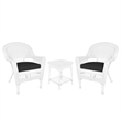 Jeco 3 Piece Wicker Conversation Set in White with Black Cushions