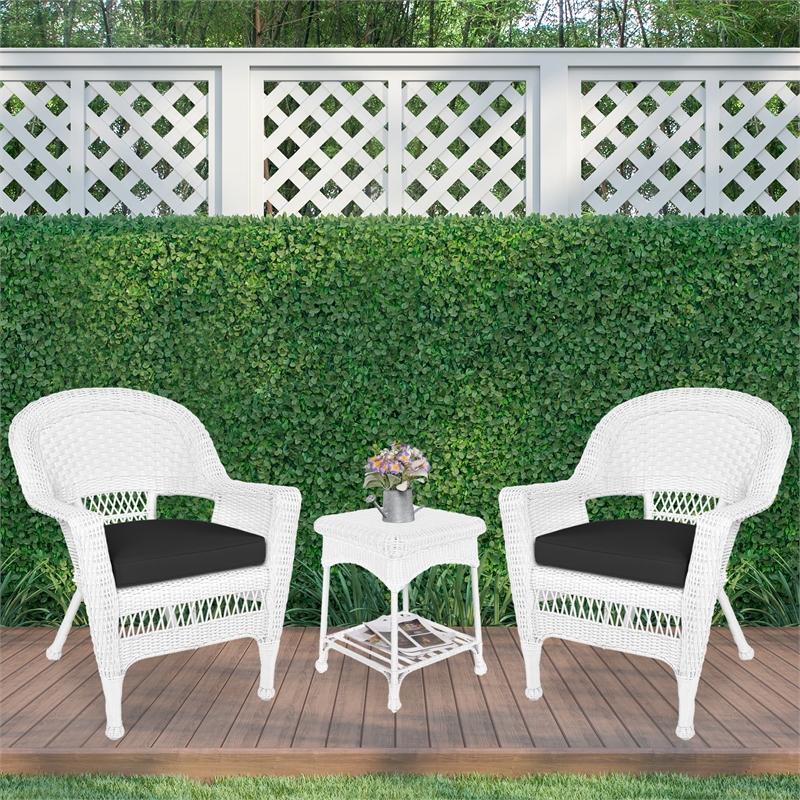 Jeco 3 Piece Wicker Conversation Set in White with Black Cushions