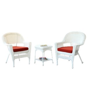 Jeco 3 Piece Wicker Conversation Set in White with Red Orange Cushions