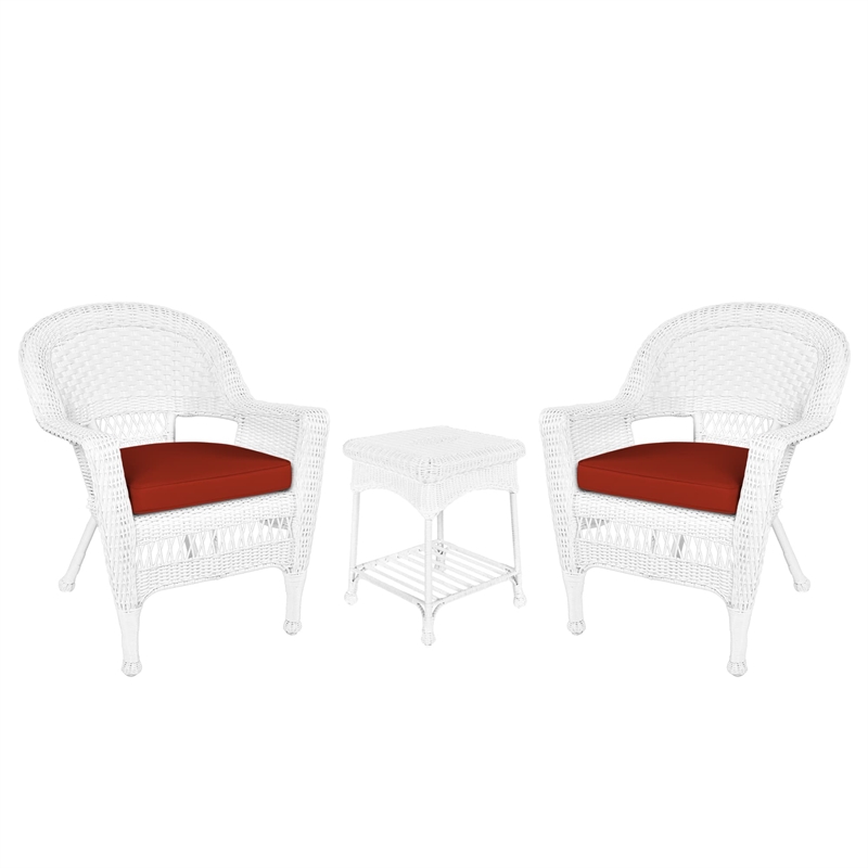 Jeco 3 Piece Wicker Conversation Set in White with Red Orange Cushions