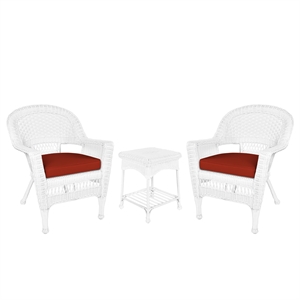 Jeco 3 Piece Wicker Conversation Set in White with Red Orange Cushions