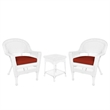 Jeco 3 Piece Wicker Conversation Set in White with Red Orange Cushions