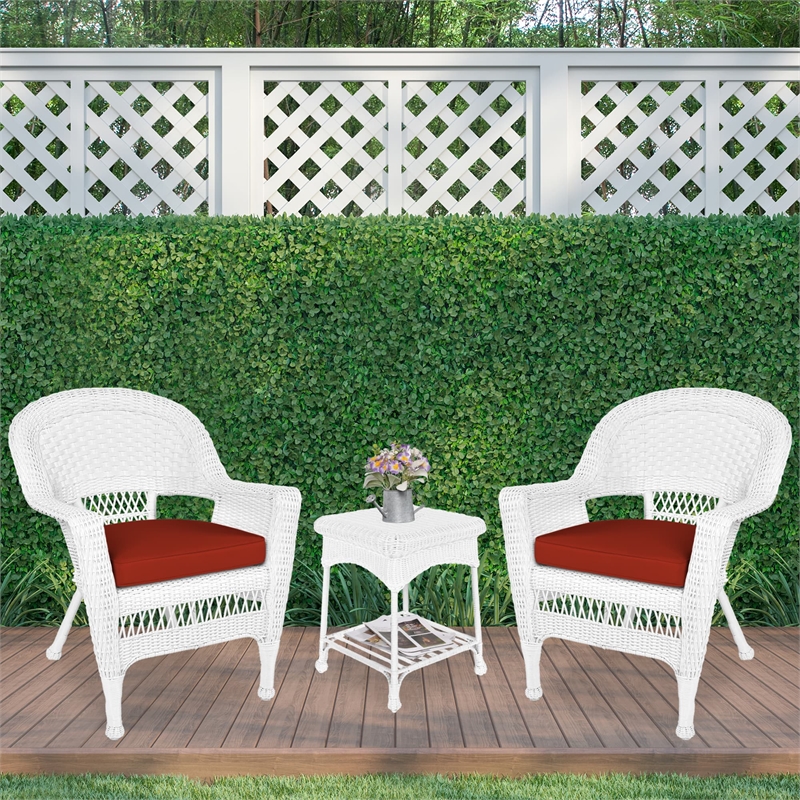 Jeco 3 Piece Wicker Conversation Set in White with Red Orange Cushions