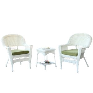 Jeco 3 Piece Wicker Conversation Set in White with Green Cushions