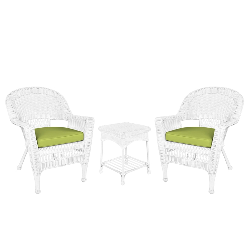 Jeco 3 Piece Wicker Conversation Set in White with Green Cushions