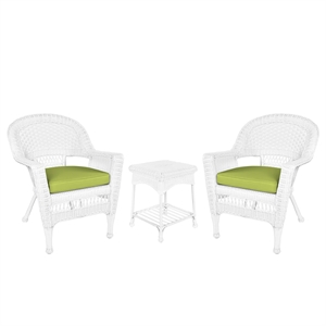 Jeco 3 Piece Wicker Conversation Set in White with Green Cushions