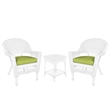 Jeco 3 Piece Wicker Conversation Set in White with Green Cushions