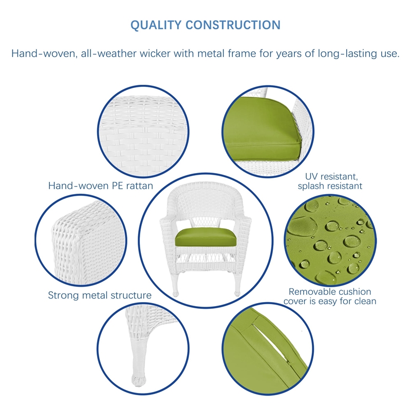Jeco 3 Piece Wicker Conversation Set in White with Green Cushions