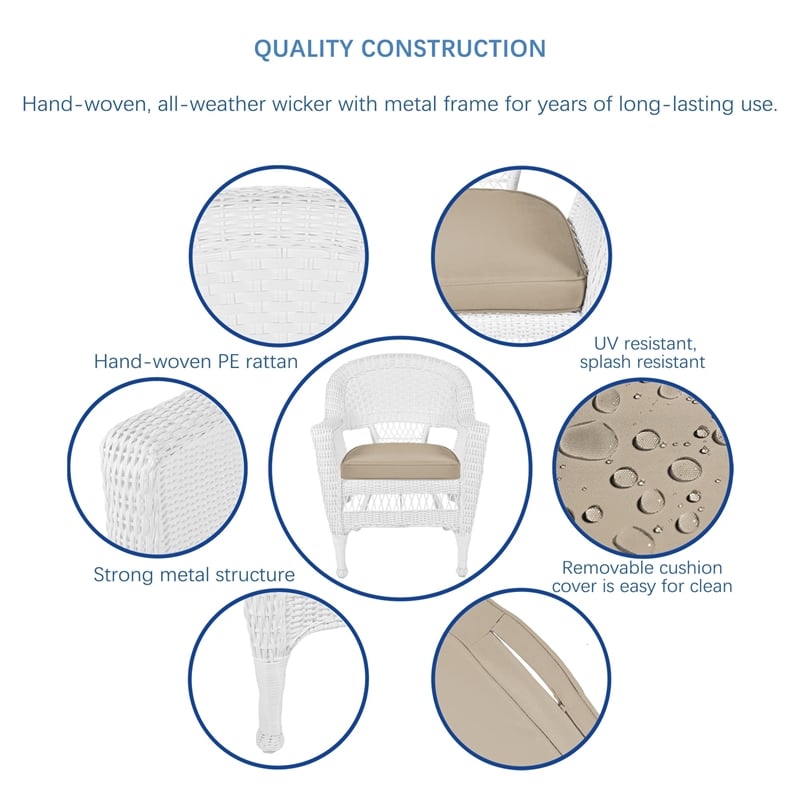 Jeco Wicker / Rattan Chair in White with Tan Cushion (Set of 2)