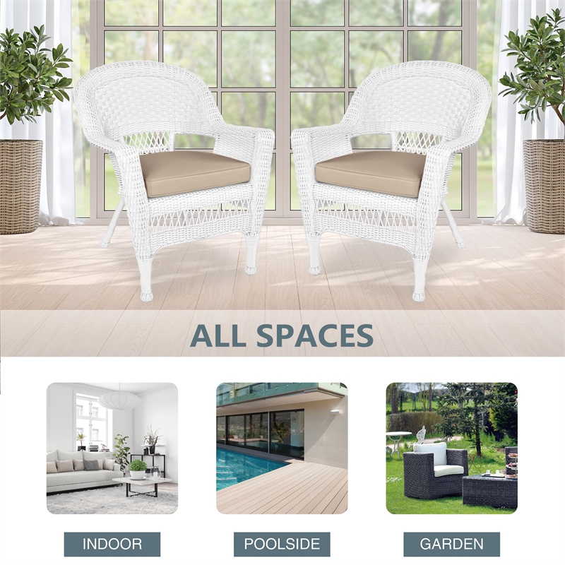 Jeco Wicker / Rattan Chair in White with Tan Cushion (Set of 2)