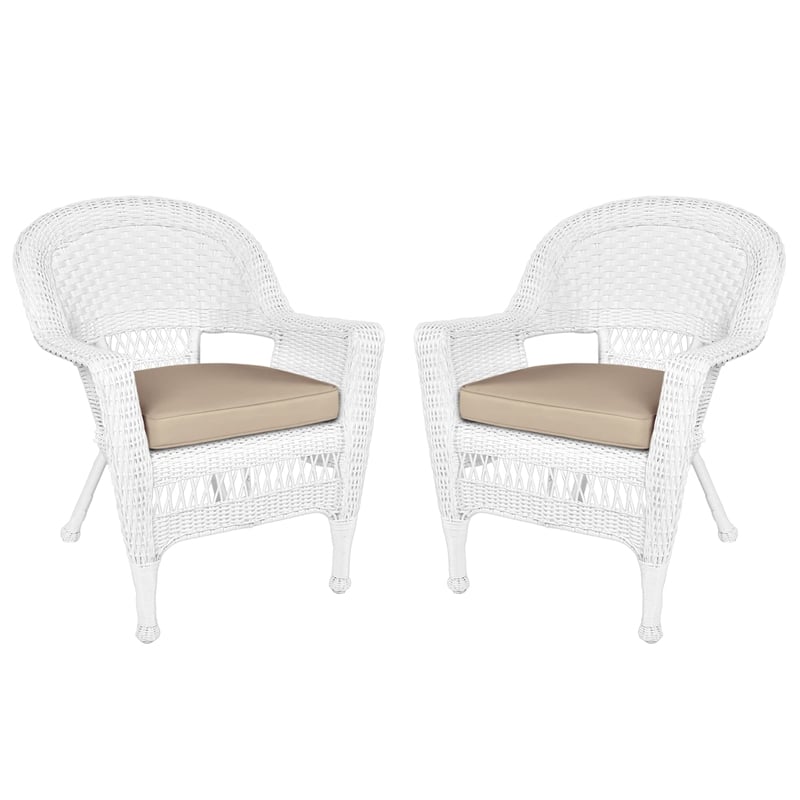Jeco Wicker / Rattan Chair in White with Tan Cushion (Set of 2)