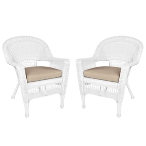 Jeco Wicker / Rattan Chair in White with Tan Cushion (Set of 2)