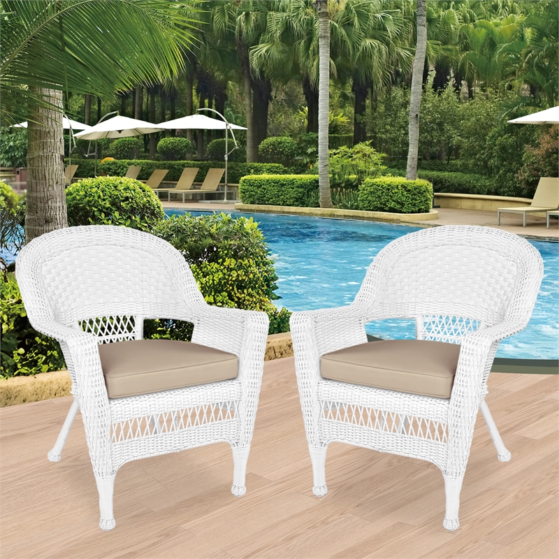 Jeco Wicker / Rattan Chair in White with Tan Cushion (Set of 2)