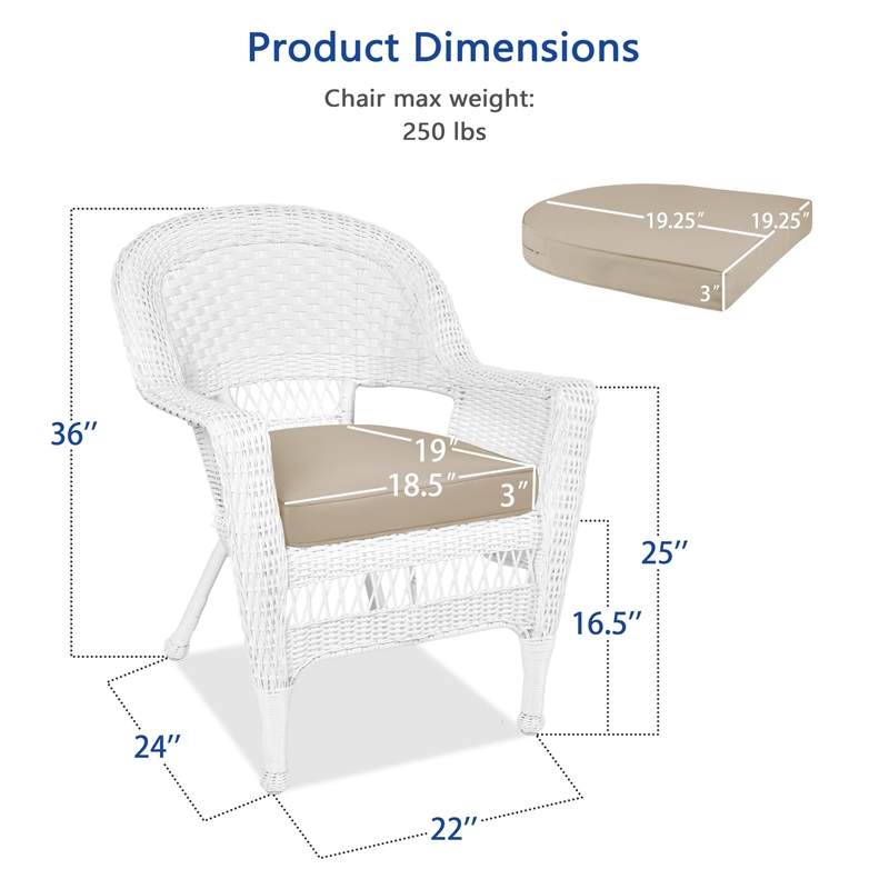 Jeco Wicker / Rattan Chair in White with Tan Cushion (Set of 2)
